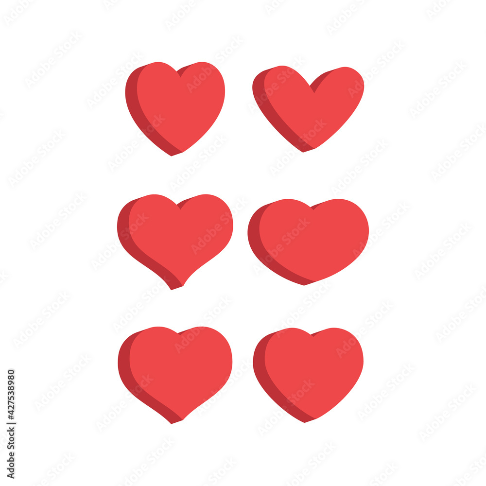 Heart flat 3d icon collection. Red hearts vector isometric illustrations.