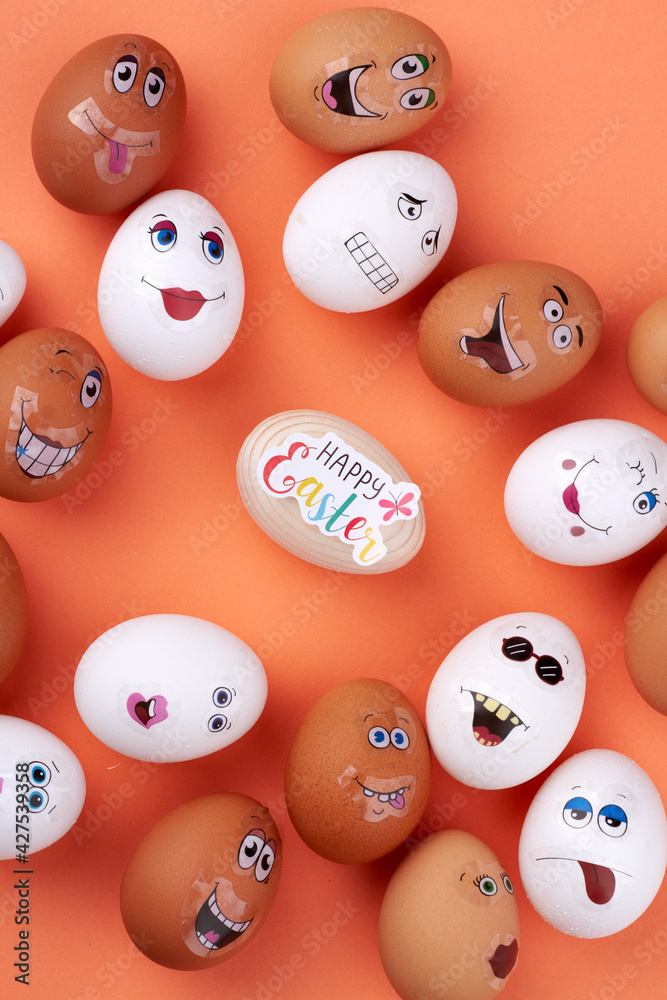 Group of eggs with funny faces. Group of eggs with funny faces.