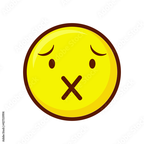Cute social media silenced face emoji on white background. Royalty Free.
