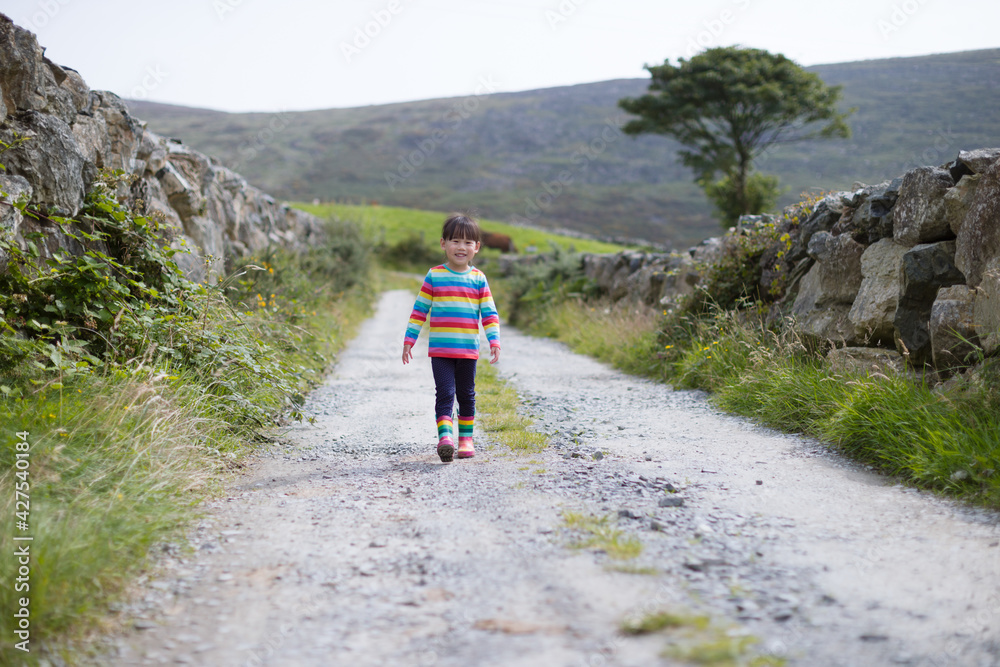 young  girl walking  on  summer countryside road