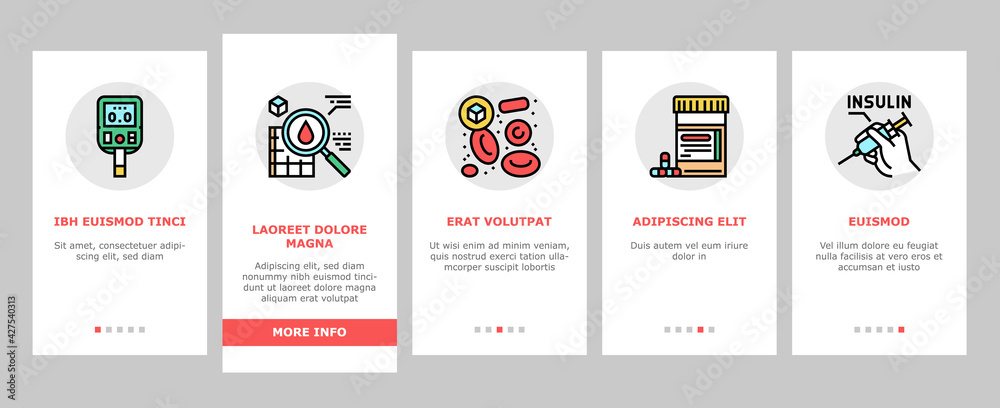Diabetes Treatment Onboarding Mobile App Page Screen Vector. Blood Sugar Measurement And Control, Insulin Syringe And Pills, Eat Healthy Food And Drink Water Illustrations Diabetes Treatment Onboarding Mobile App Page Screen Vector. Blood Sugar Measurement And Control, Insulin Syringe And Pills, Eat Healthy Food And Drink Water Illustrations