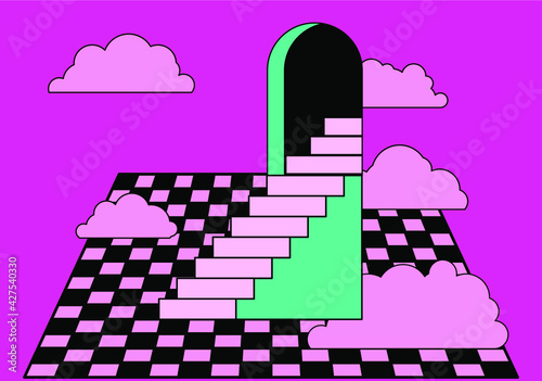 Surreal vaporwave room interior with a checkerboard floor and stairs. Trendy pop art psychedelic style illustration.