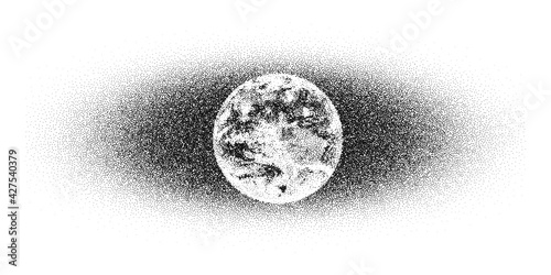 Dotwork Earth day pattern vector background. Sand grain effect. Black noise stipple dots planet. Abstract noise dotwork pattern. Black dots Earth day banner. Stipple circles. Dotted vector background.