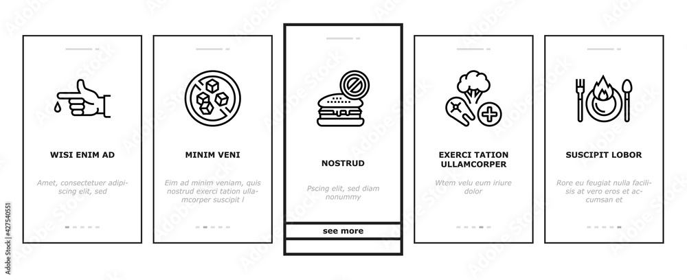 Diabetes Treatment Onboarding Mobile App Page Screen Vector. Blood Sugar Measurement And Control, Insulin Syringe And Pills, Eat Healthy Food And Drink Water Illustrations Diabetes Treatment Onboarding Mobile App Page Screen Vector. Blood Sugar Measurement And Control, Insulin Syringe And Pills, Eat Healthy Food And Drink Water Illustrations