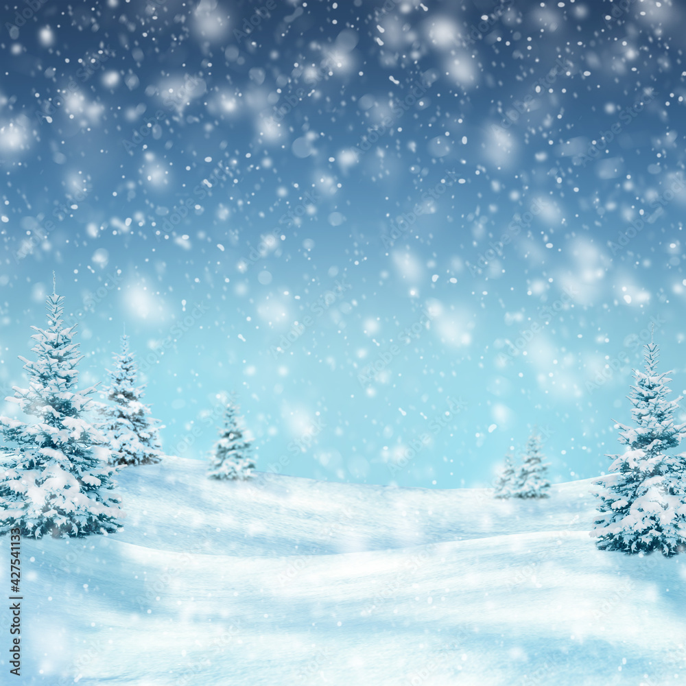 Snowstorm in the mountains. Snow-covered trees and snowdrifts. Winter. Christmas background. Blizzard. Winter background