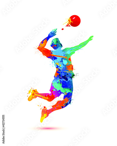 Man playing volleyball silhouette vector icon of splash paint