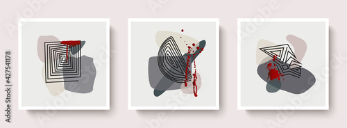 A fashionable, modern set of abstract cards with geometric shapes in pastel colors, blood splashes.Vector illustration.