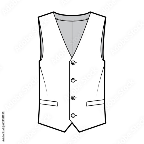 Fototapeta Lapelled vest waistcoat technical fashion illustration with sleeveless, notched shawl collar, button-up closure, pockets
