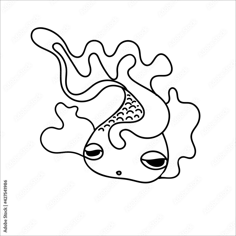 Cartoon cute goldfish drawn by hand black outline isolated on white background. Cartoon continuous line design element for baby printing, packaging, wrapping paper, wallpaper kids goods. Cartoon cute goldfish drawn by hand black outline isolated on white background. Cartoon continuous line design element for baby printing, packaging, wrapping paper, wallpaper kids goods.