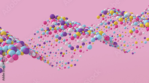 Waving colorful balls. Pink background. Abstract illustration, 3d render.