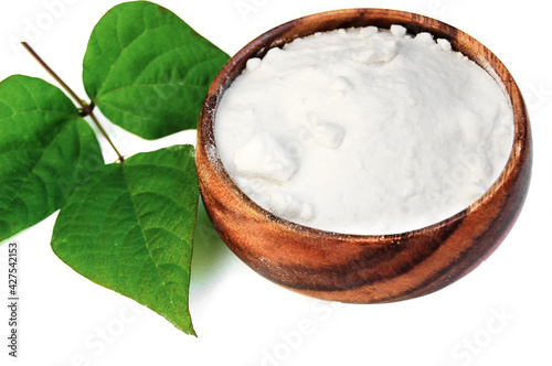 Sodium bicarbonate and  branch with fresh green leaves  isolated at white background.
