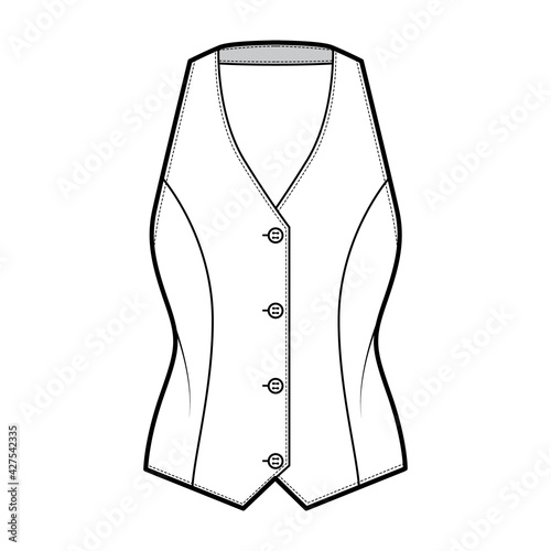 Halter vest pique waistcoat technical fashion illustration with backless, V-neckline, button-up closure, slim fit. Flat apparel template front, white color style. Women, men, unisex top CAD mockup