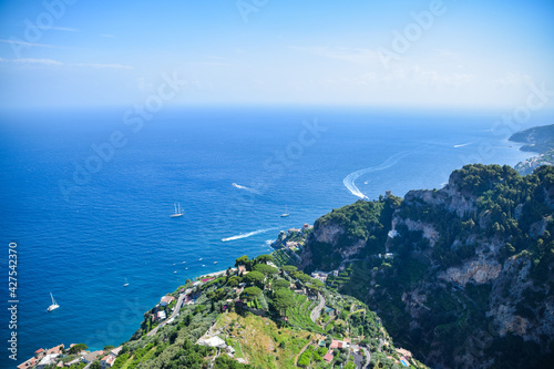 beautiful views of the Mediterranean Sea and the Amafli coast in Ravello, Italy, in summer.