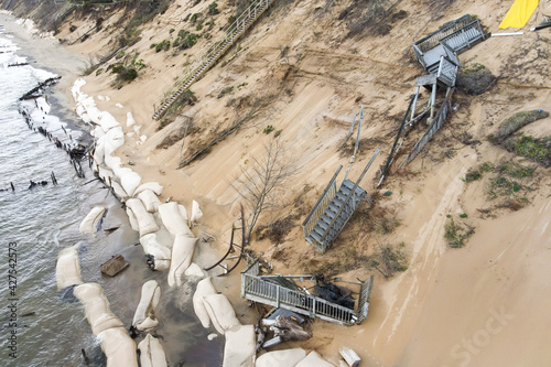 aerial view of  damage on eroding dune on Lake Michigan photo