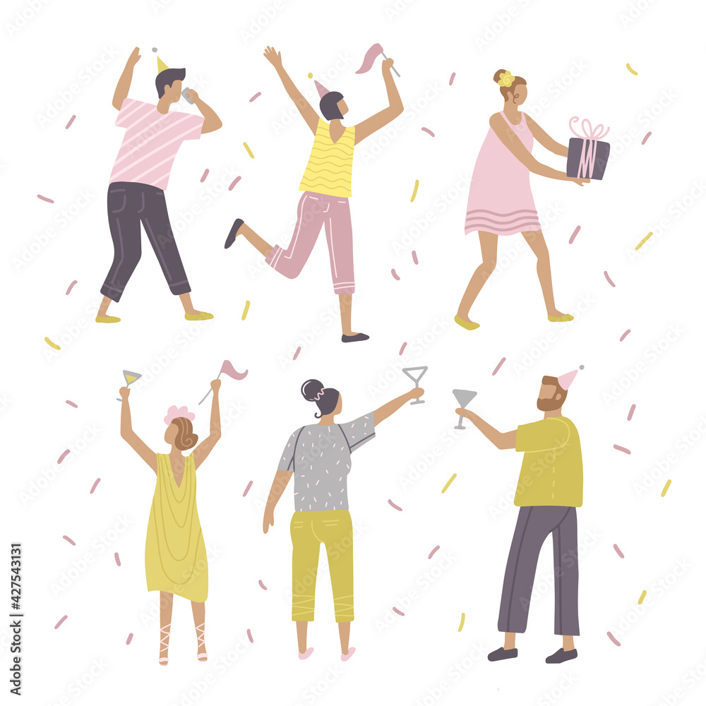 Obraz premium Happy people characters celebrating, dancing and having fun at a birthday party. Set of colorful characters. Flat hand drawn vector Illustrations