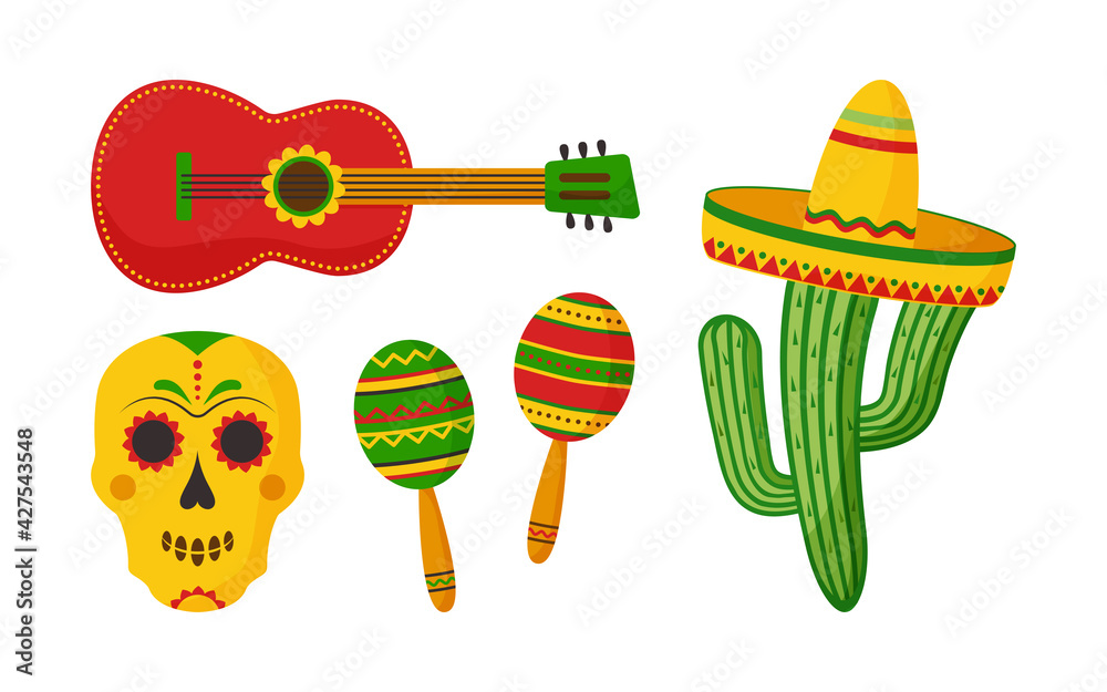 Cinco de Mayo vector celebration, mexican icon set. Guitar, maracas, skull, sombrero, cactus. Cartoon illustration Cinco de Mayo vector celebration, mexican icon set. Guitar, maracas, skull, sombrero, cactus. Cartoon illustration