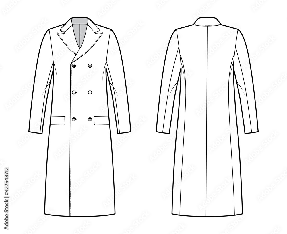 Ulsterette coat technical fashion illustration with double breasted, knee length, round collar peak, flap pockets. Flat jacket template front, back, white color style. Women, men unisex top CAD mockup Ulsterette coat technical fashion illustration with double breasted, knee length, round collar peak, flap pockets. Flat jacket template front, back, white color style. Women, men unisex top CAD mockup