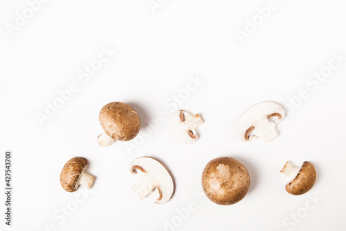 champignons mushrooms isolated on the white background. top view