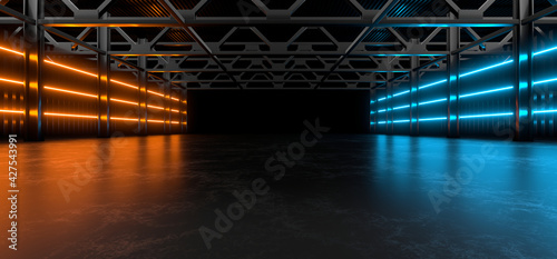 Sci Fy neon lamps in a dark hall. Reflections on the floor and walls. 3d rendering image.