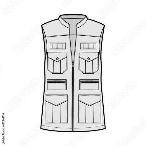 Safari vest waistcoat technical fashion illustration with sleeveless, stand collar, zip-up closure, pockets, oversized body. Flat template front, grey color style. Women, men, unisex top CAD mockup