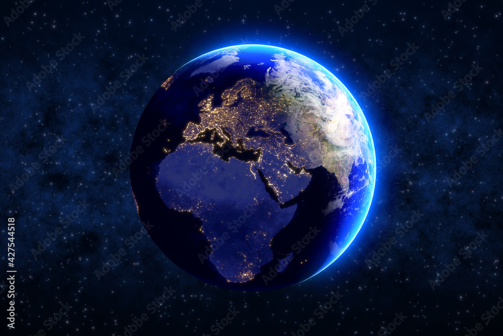 Obraz premium Earth planet on blue night sky with stars. City lights on dark side of the planet. Elements of this image furnished by NASA. 3D rendering.