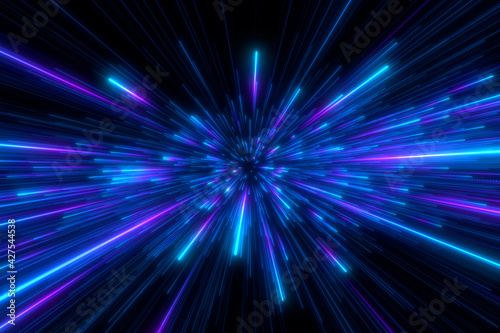 Abstract background in blue and purple neon glow colors. Speed of light in galaxy. Explosion in universe. Cosmic background for event, party, carnival, celebration, anniversary or other. 3D rendering. photo