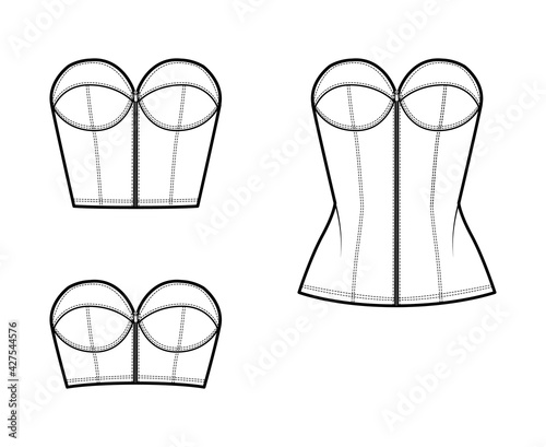 Set of Denim corset tops bustier technical fashion illustration with basque, strapless, zip-up closure, fitted body. Flat apparel template front, white color. Women, men, unisex top CAD mockup