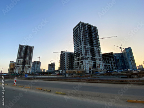 New large beautiful modern microdistrict with high buildings in new buildings in the city of the megalopolis