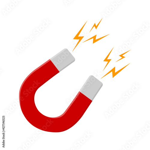 Red horseshoe magnet with lightning flash isolated on white background. Symbol of magnetic power, attraction, influence. Vector flat illustration.