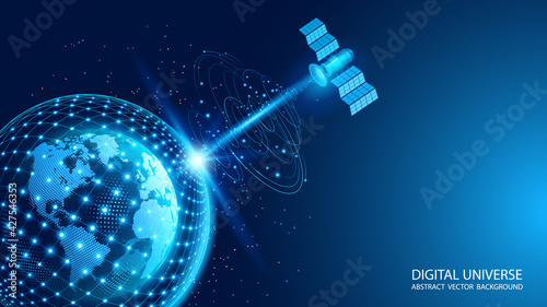 Vector. A satellite in orbit transmits a signal to the surface of our planet. Space Internet. World Wide Web. A satellite in orbit transmits a signal to the surface of our planet. Planet Earth.