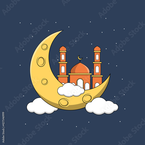 Beautiful cartoon illustration of a mosque on the moon perfect for greeting card, social media, and more. vector illustration