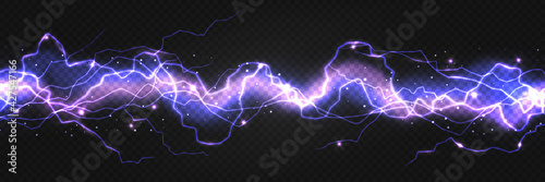 Realistic lightning powerful discharge on dark background. Electric wave from side to side. Thunder shock effect, bright blazing thunder light strike in darkness. Vector 3d illustration of energy flow