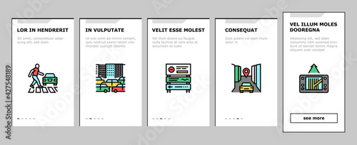 Traffic Jam Transport Onboarding Mobile App Page Screen Vector. Broken Car And Accident, Traffic Light And Human Crossing Road On Crosswalk Illustrations
