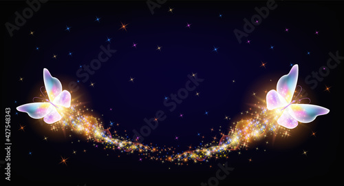 Flying delightful butterflies with sparkle and blazing trail flying in night sky among shiny glowing stars in cosmic space. Love and romance concept.