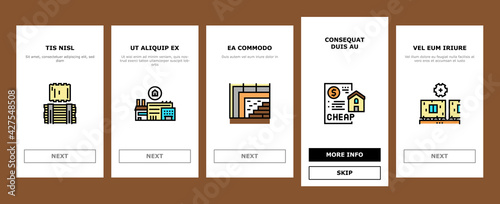 Timber Frame House Onboarding Mobile App Page Screen Vector. Pile Screw Foundation And Ecowool Insulation, Wooden And Steel Building Frame Illustrations