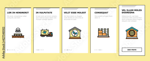 Timber Frame House Onboarding Mobile App Page Screen Vector. Pile Screw Foundation And Ecowool Insulation, Wooden And Steel Building Frame Illustrations