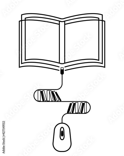 An open book, to which a computer mouse is connected, its cord in the form of a shelf with books as a symbol of the library. Audiobook icon design, distance learning, easy reading.