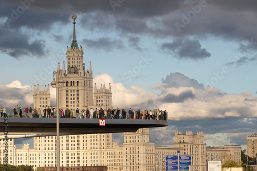 Moscow July 6, 2019. View of the Floating Bridge of Zaryadye Park and the high-rise on Kotelnicheskaya embankment.
