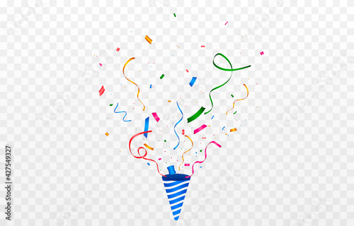 Vector confetti png. Multi-colored confetti are flying out of a firecracker. Confetti, serpentine, tinsel on a transparent background. Holiday, birthday.