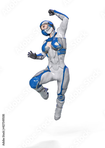 comic woman in a sci fi outfit doing a jump attack