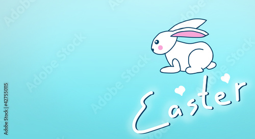 White easter bunny. Hand drawing holiday greeting card template and banner. Blue card with rabbit concept design.