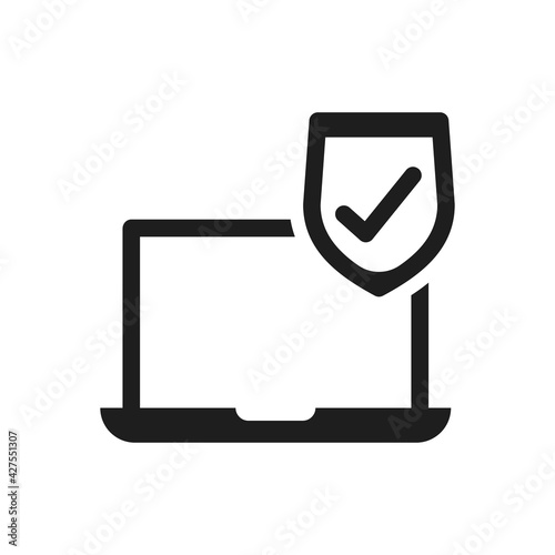 Laptop with protection shield icon sign symbol