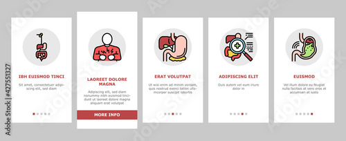 Digestion Disease And Treatment Onboarding Mobile App Page Screen Vector. Digestion System And Gastrointestinal Tract, Examining And Consultation, Heartburn And Gassing Illustrations