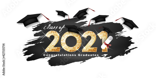 Gold design for graduation. Class of 2021. Congratulation event, T-shirt, logo, party, high school or college graduate. Lettering for greeting, invitation card  invitation etc. Vector illustration