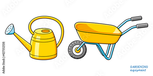 Yellow watering can and wheelbarrow isolated, gardening equipment.