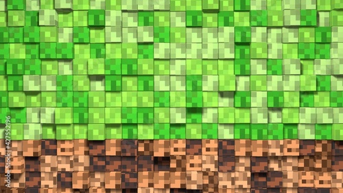 Pixel grass and ground background. 3D Abstract cubes. Video game geometric mo...