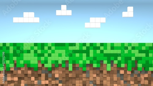 Video game geometric mosaic waves pattern. Construction of hills landscape using brown and green grass blocks, blue sky and clouds. Pixel background. Concept of games minecraft background. 3d render