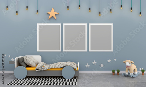 kid bedroom with blue wall and mockup frames, 3d rendering