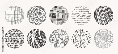 Vector circle textures made with ink, pencil, brush. Geometric doodle shapes of spots, dots, circles, strokes, stripes, lines. Set of hand drawn patterns. Template for social media, posters, prints.