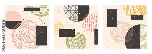 Vector poster set of hand drawn pattern made with ink, pencil, brush. Geometric doodle shapes of spots, dots, strokes, stripes, lines. Trendy color template for social media, prints, posters.
